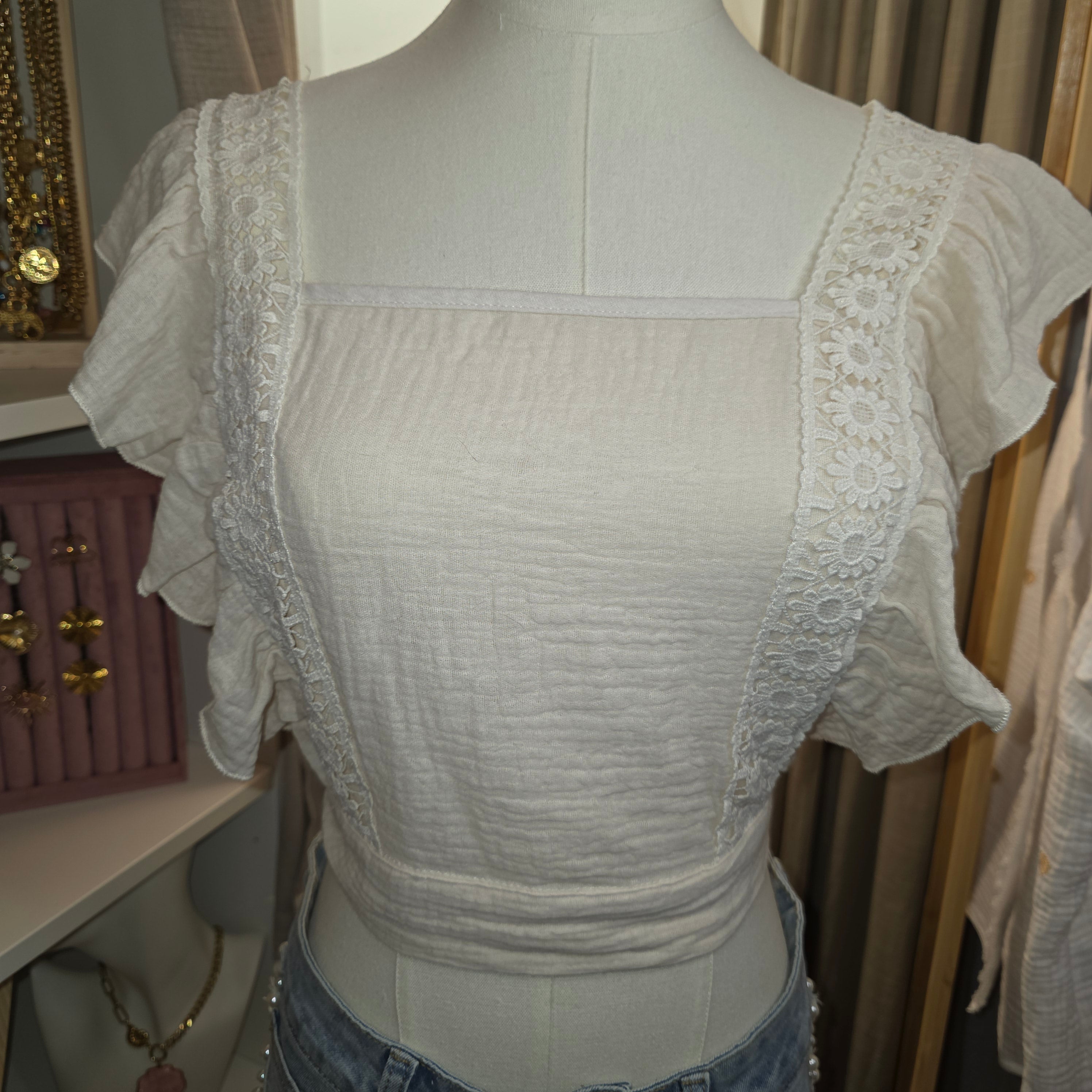 Top Rayures & dentelle Bohème Bleu ou Beige