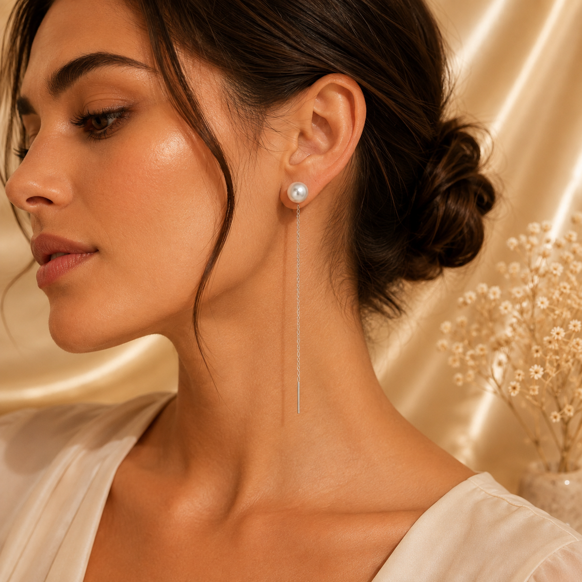 Boucles d'oreilles perle pendante argenté
